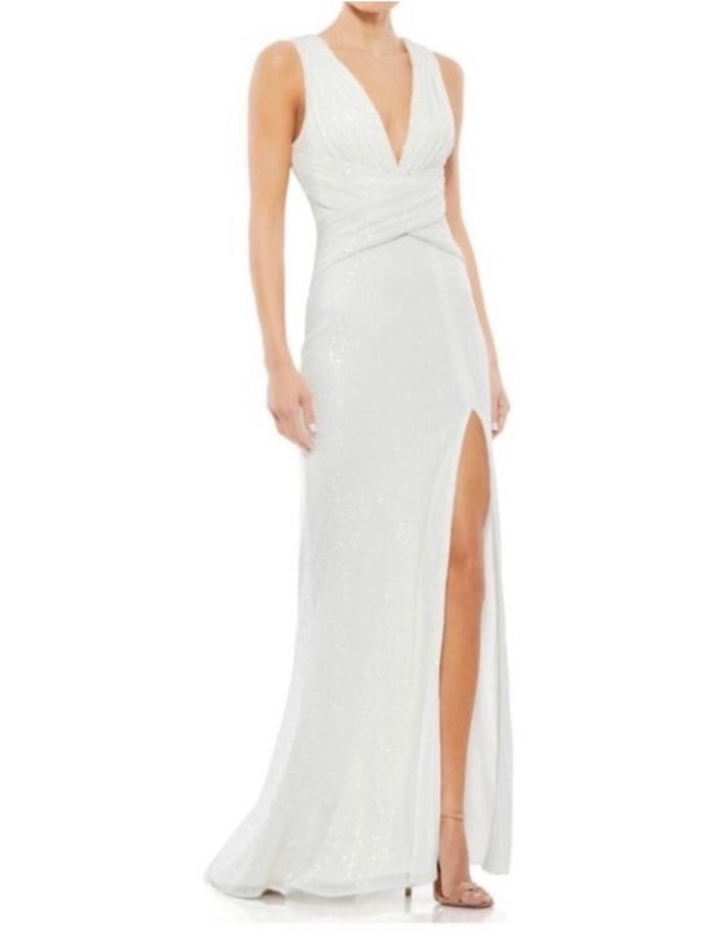 NWT IEENA Mac Duggal 26598 White Sequin V-Neck Wrap Waist A-line Gown Gown Sz 8
